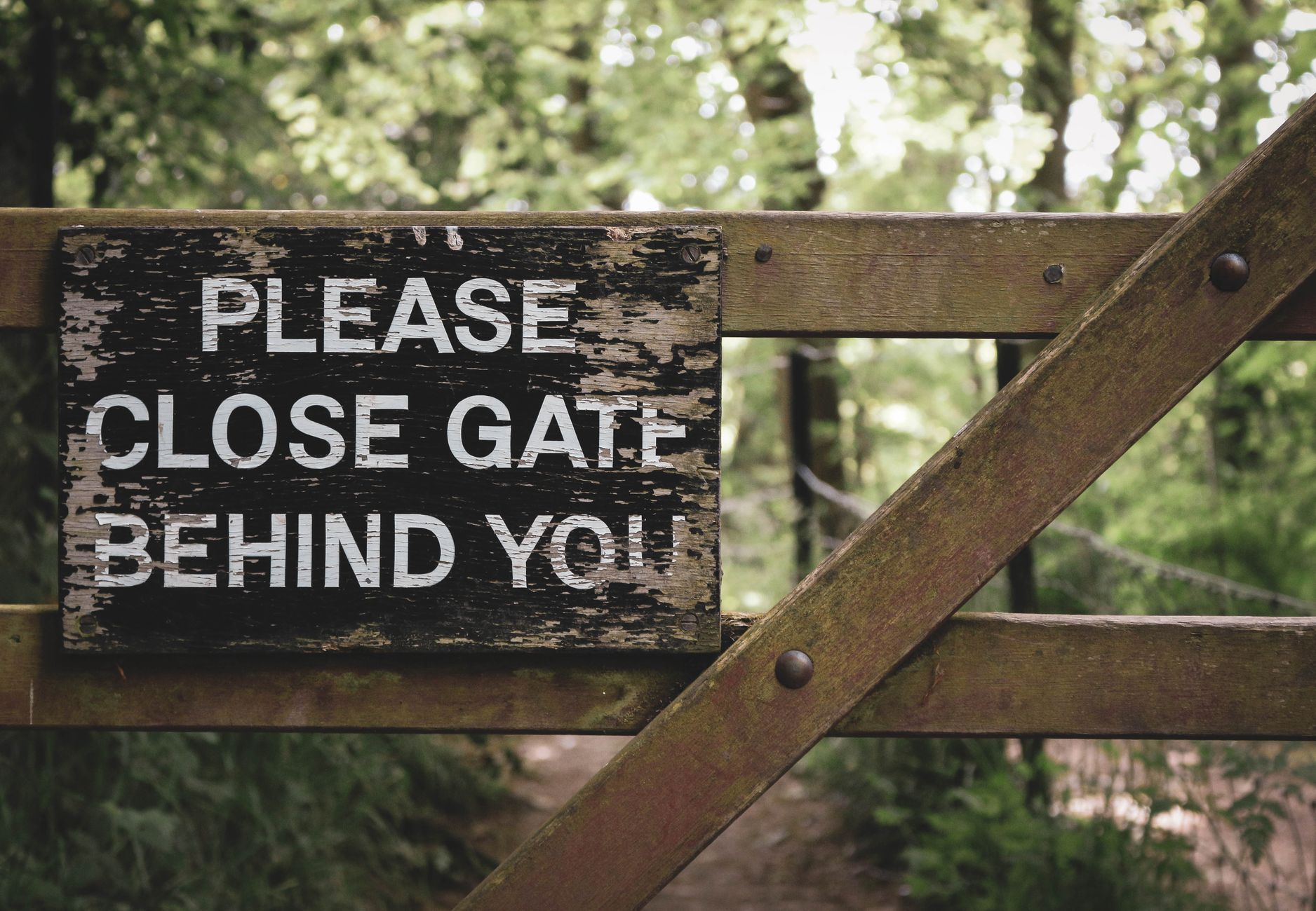 Weathered wooden gate sign reading 'Please Close Gate Behind You' in a lush green woodland.
