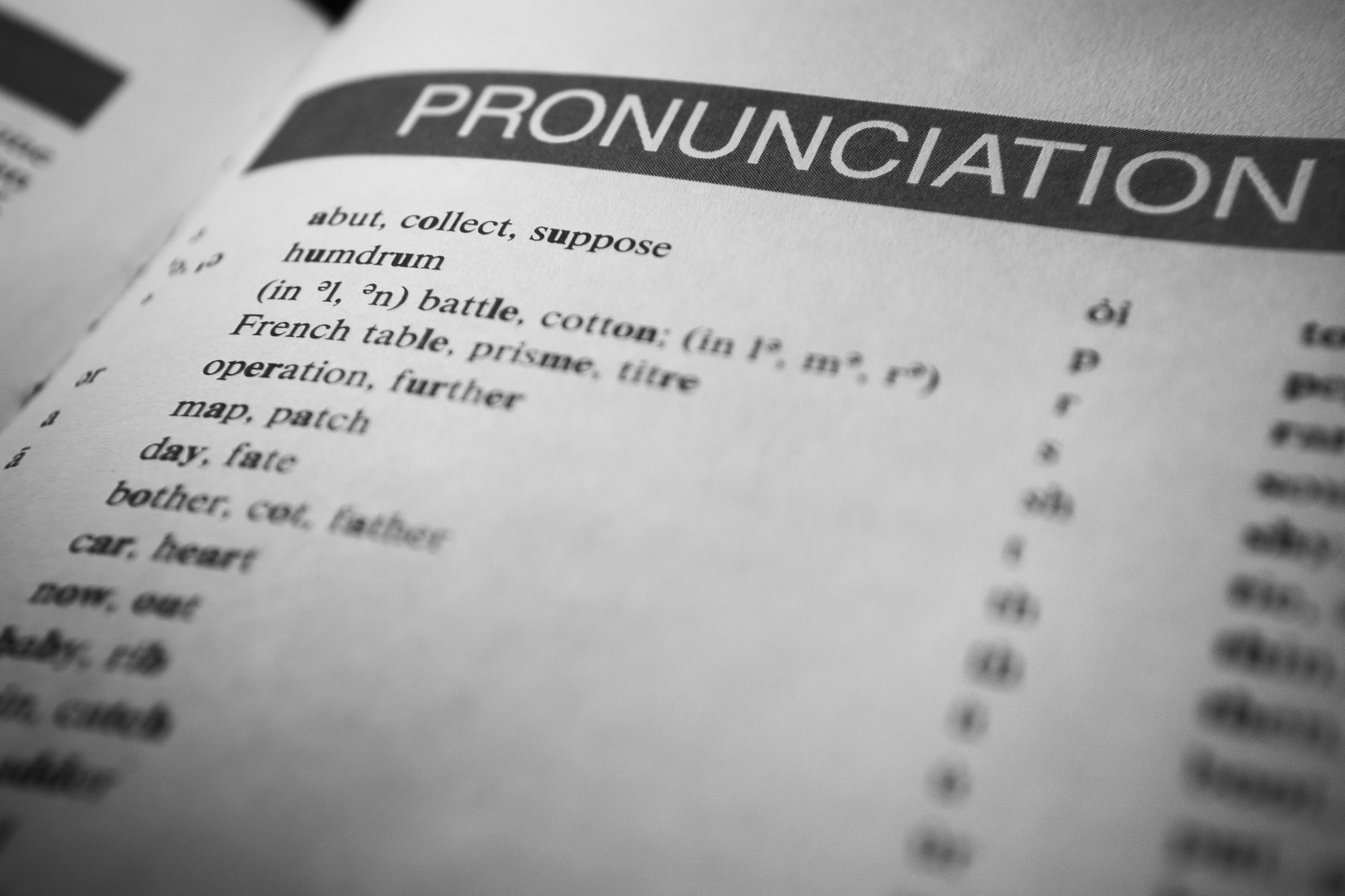 Black and white close-up of a dictionary page focused on pronunciation guides and phonetic symbols.