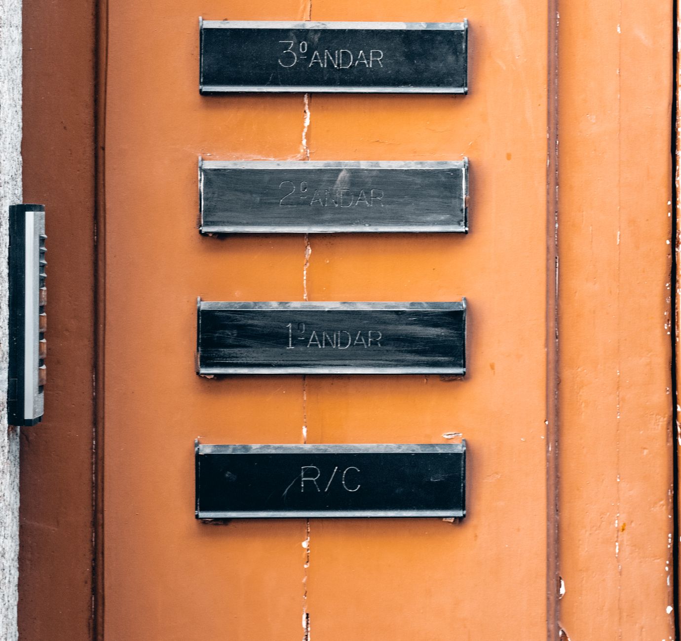Close-up of a building entrance showing floor signs on an orange wall.