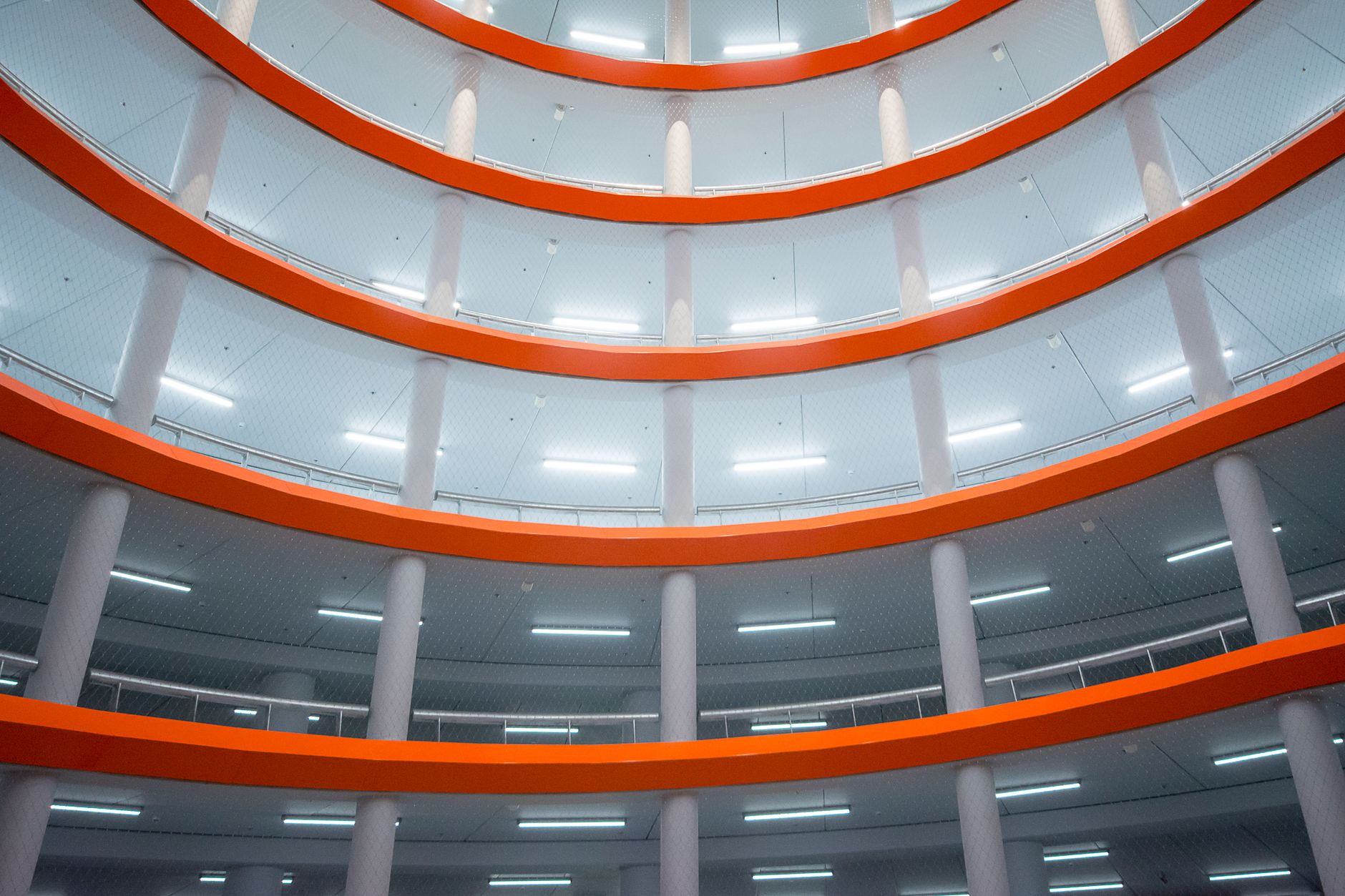 Interior view of contemporary multi-storey car park in Leiden, featuring unique design elements.