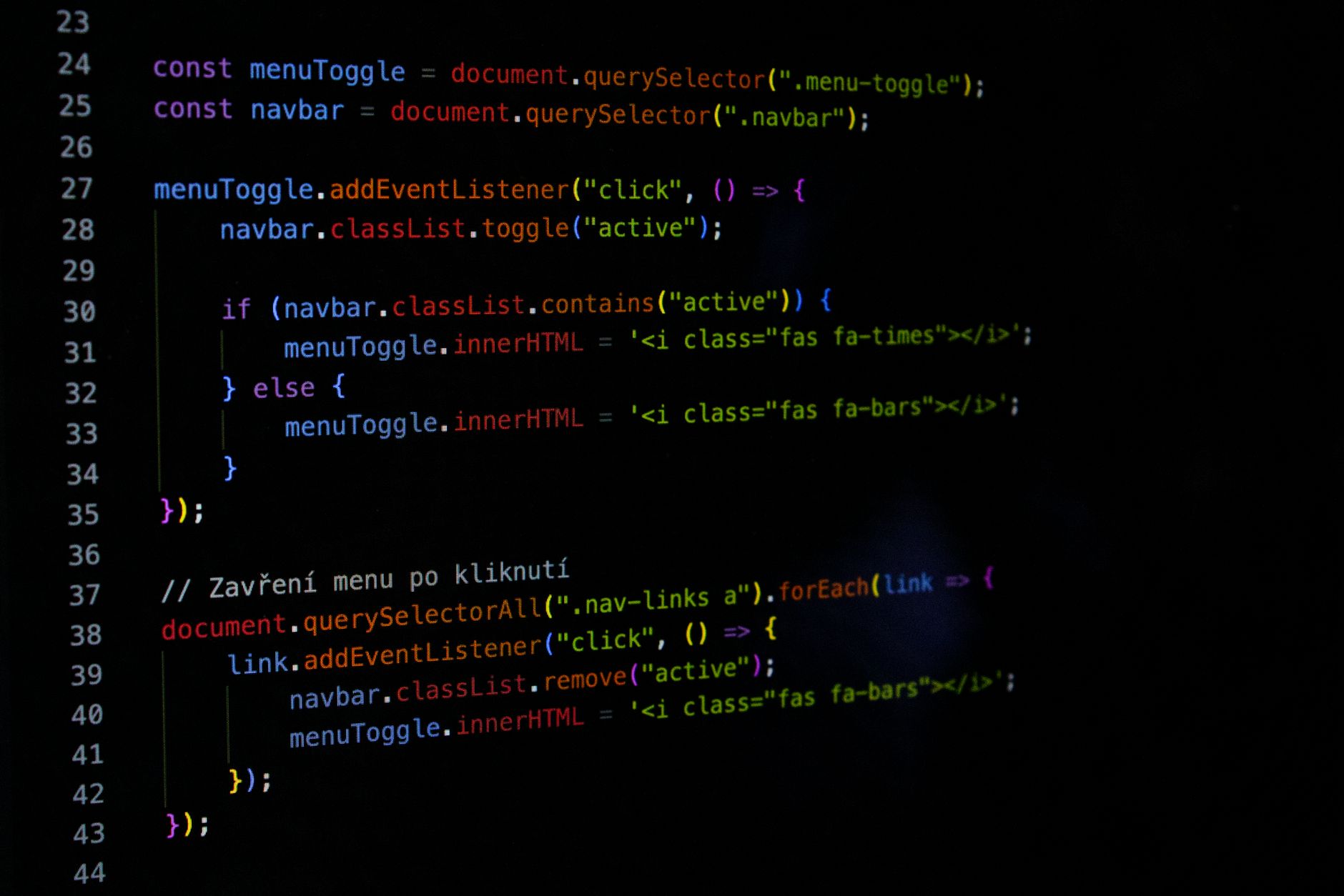 Close-up of JavaScript code on a computer screen, showing web development programming.