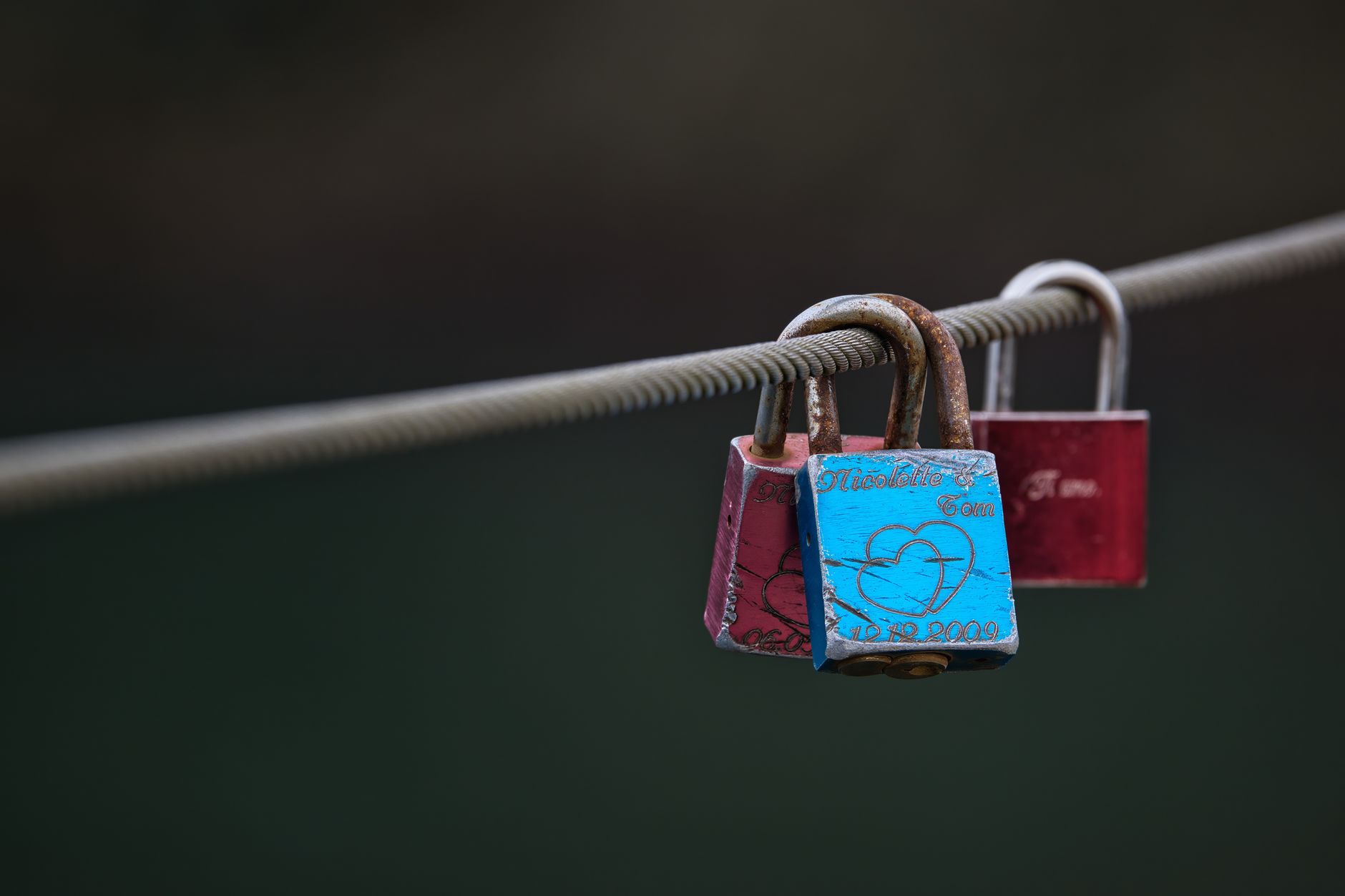 Close-up of colorful love padlocks on a cable, symbolizing eternal love and commitment.