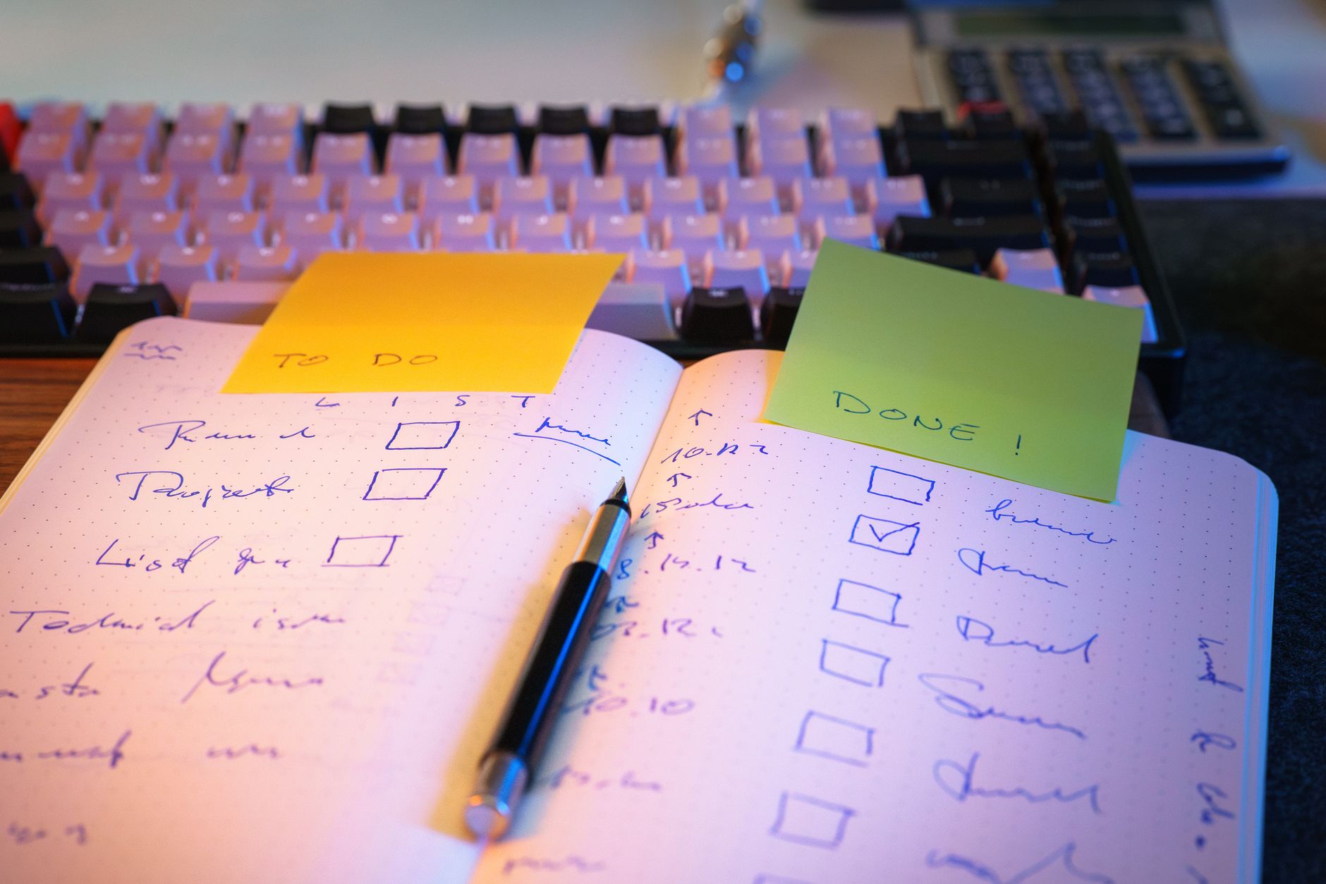 A to-do list and completed tasks in a notebook on an office desk for productivity and organization.