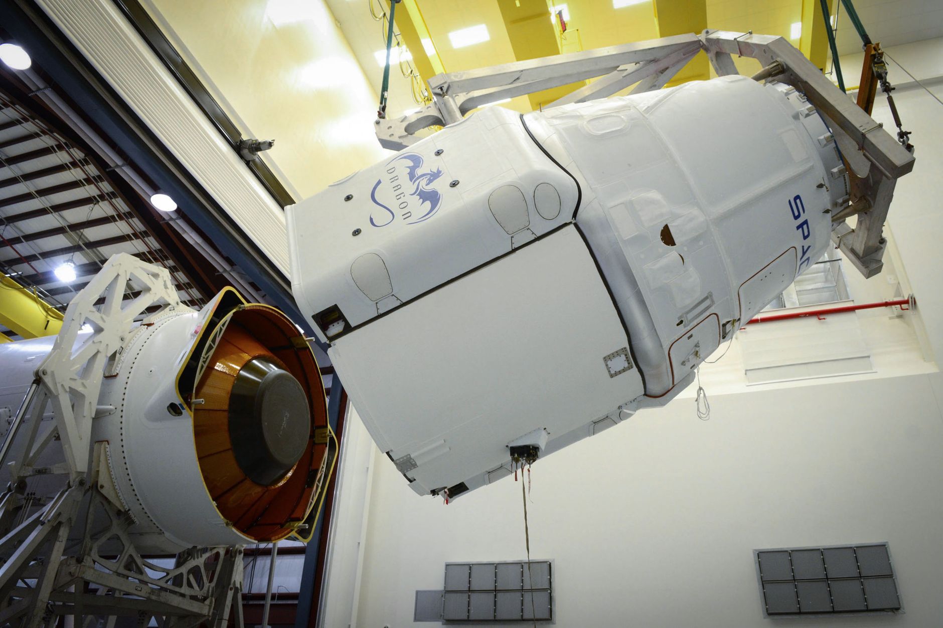 Low angle process of installation of modern carrier rocket in contemporary vehicle assembly building