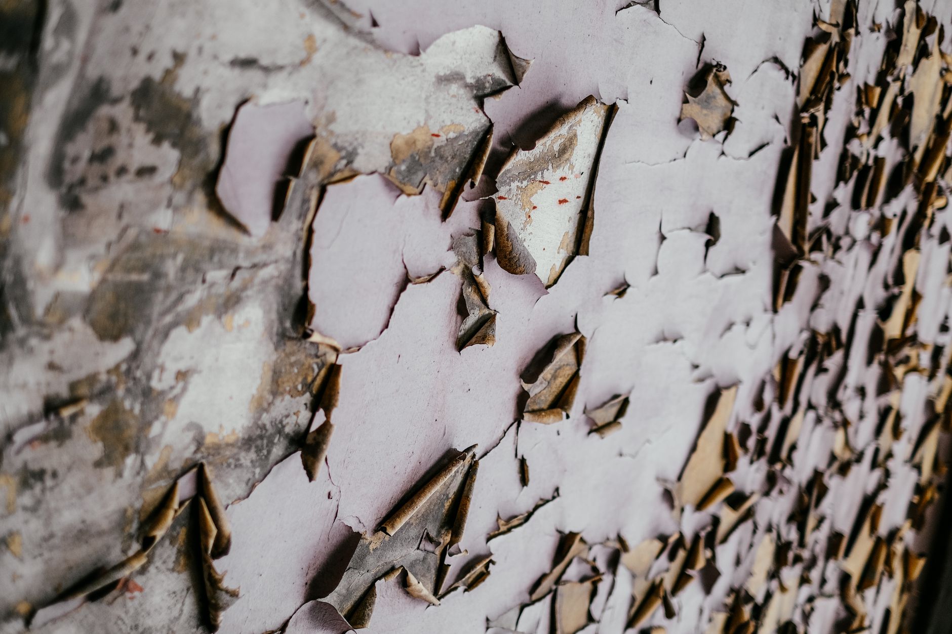 Detailed view of peeling paint on aged, textured wall, showcasing decay and pattern.