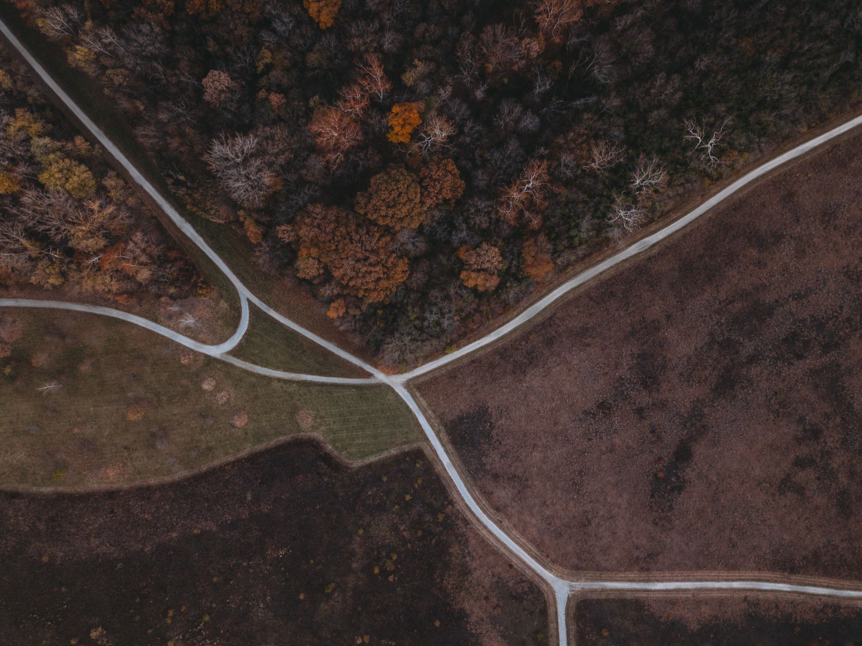 Drone shot capturing brown fields, intersecting roads, and scenic autumn trees.