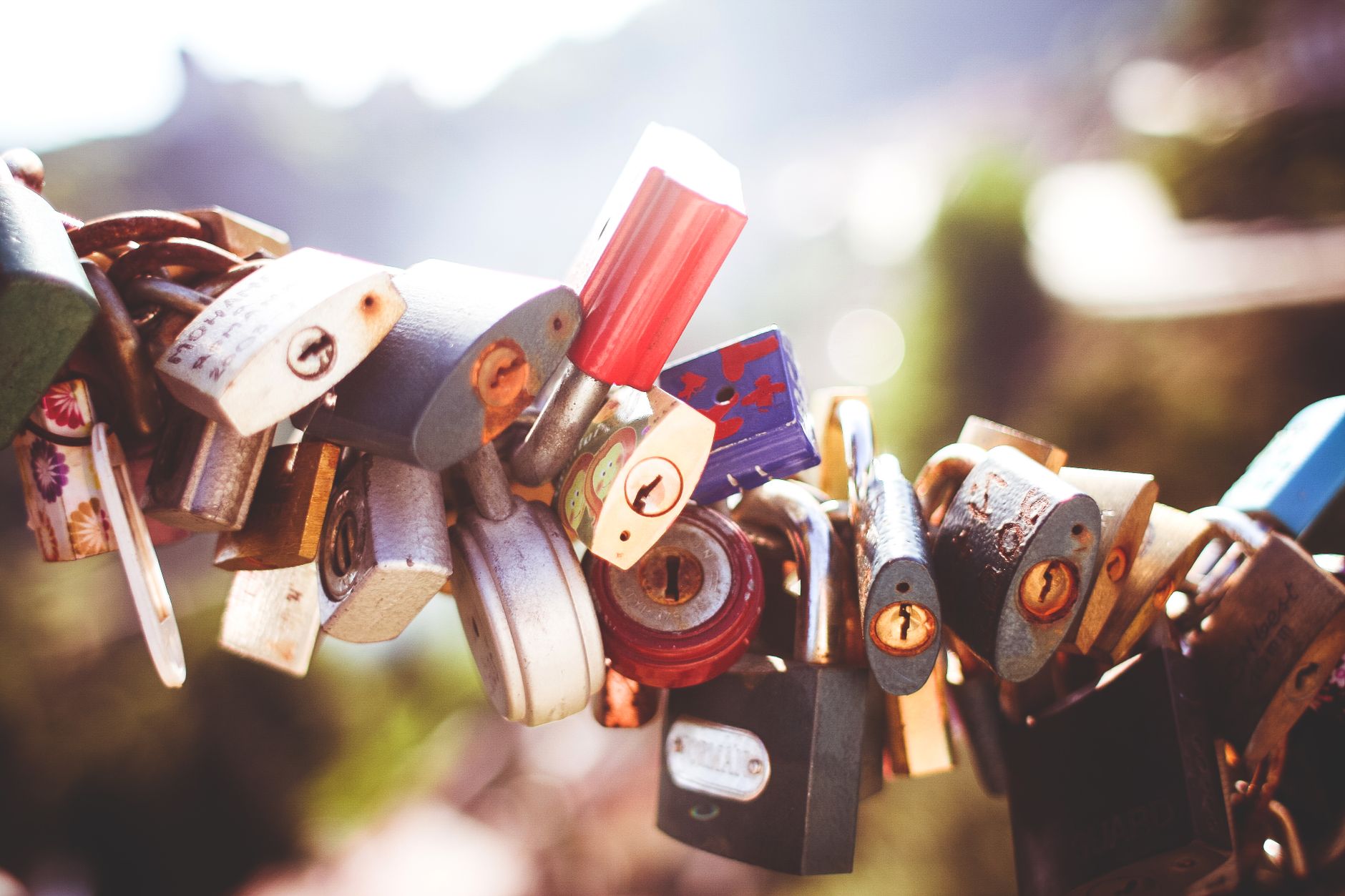 Variety of colorful padlocks clinging to a wire, symbolizing love and commitment.
